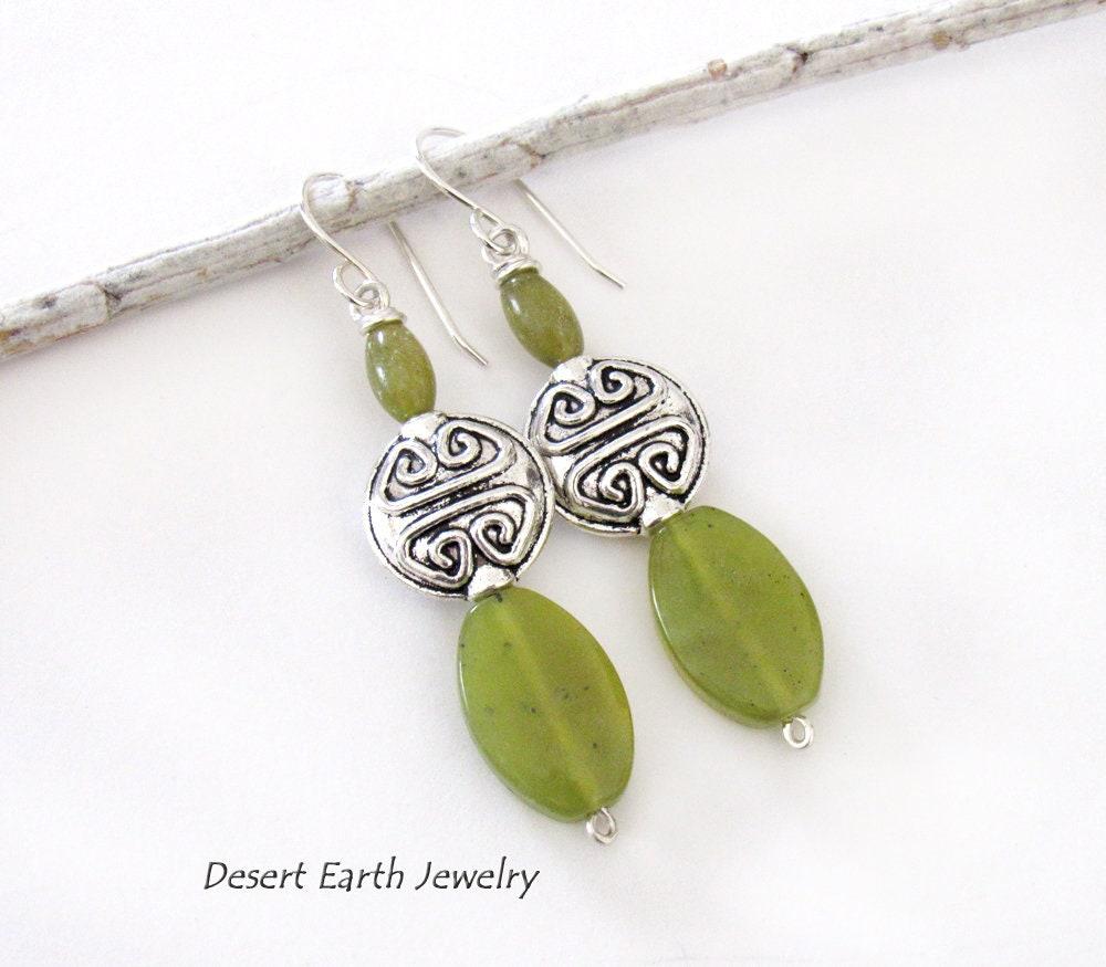 Green Serpentine Earrings with Pewter Beads on Sterling Silver Ear Wires - Artisan Handmade Stone Jewelry