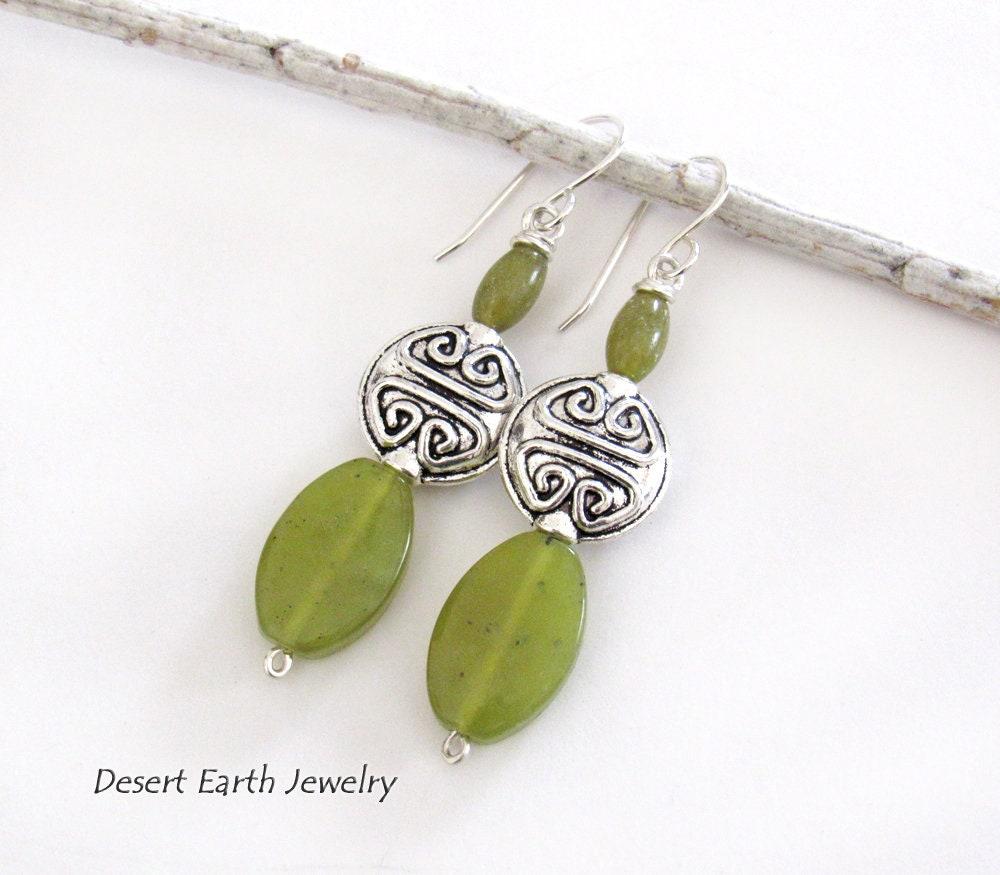 Green Serpentine Earrings with Pewter Beads on Sterling Silver Ear Wires - Artisan Handmade Stone Jewelry