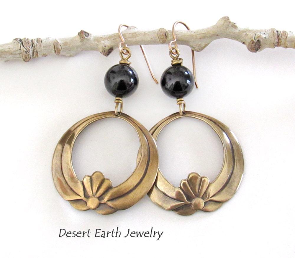 Gold Brass Lotus Dangle Earrings with Black Onyx Gemstones