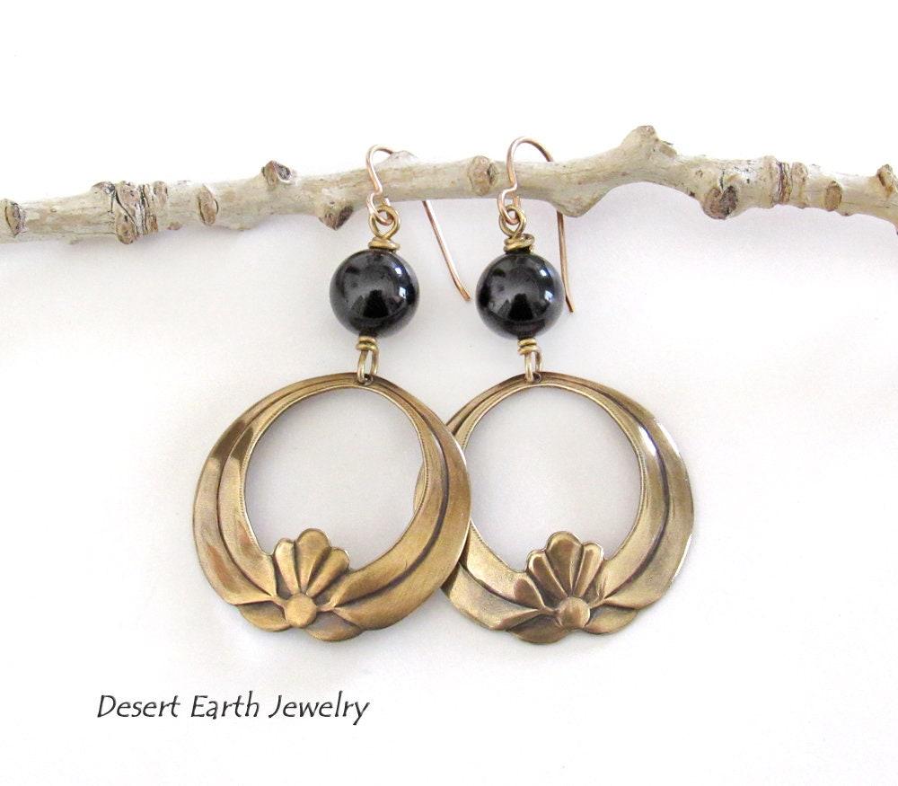 Gold Brass Lotus Dangle Earrings with Black Onyx Gemstones