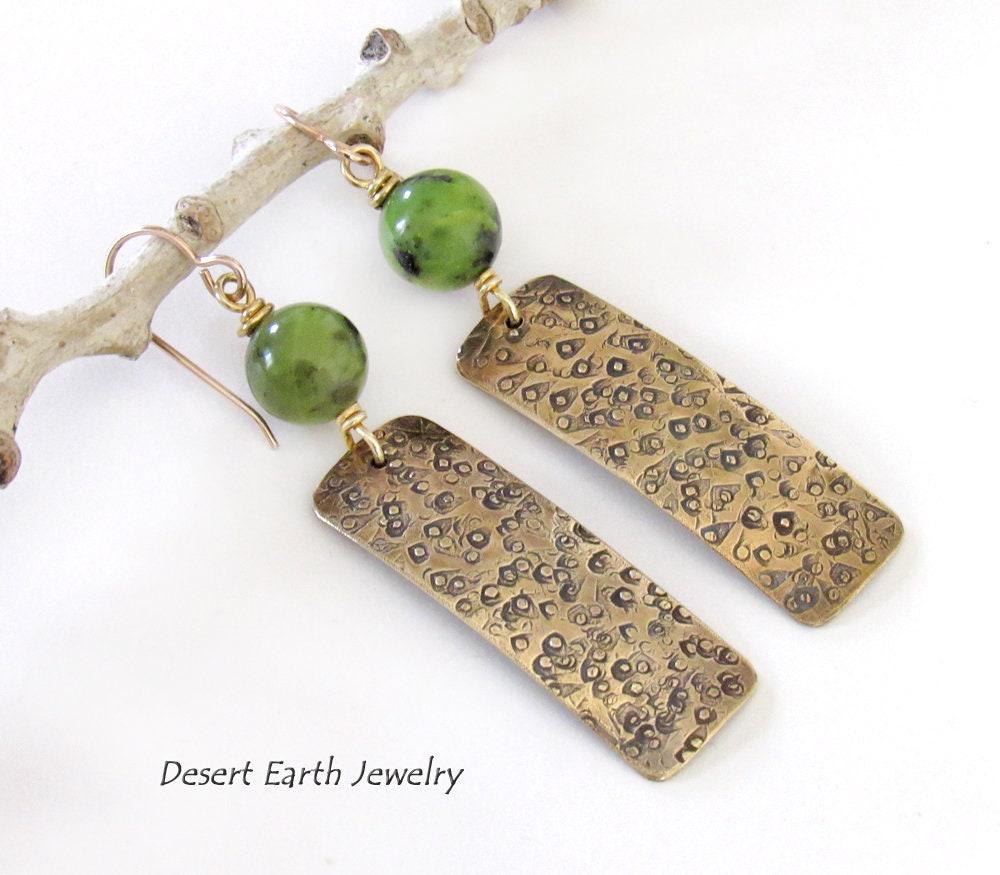 Hand Stamped Gold Brass Rectangle Earrings with Green Jade Gemstones - Artisan Handmade Metalwork Jewelry