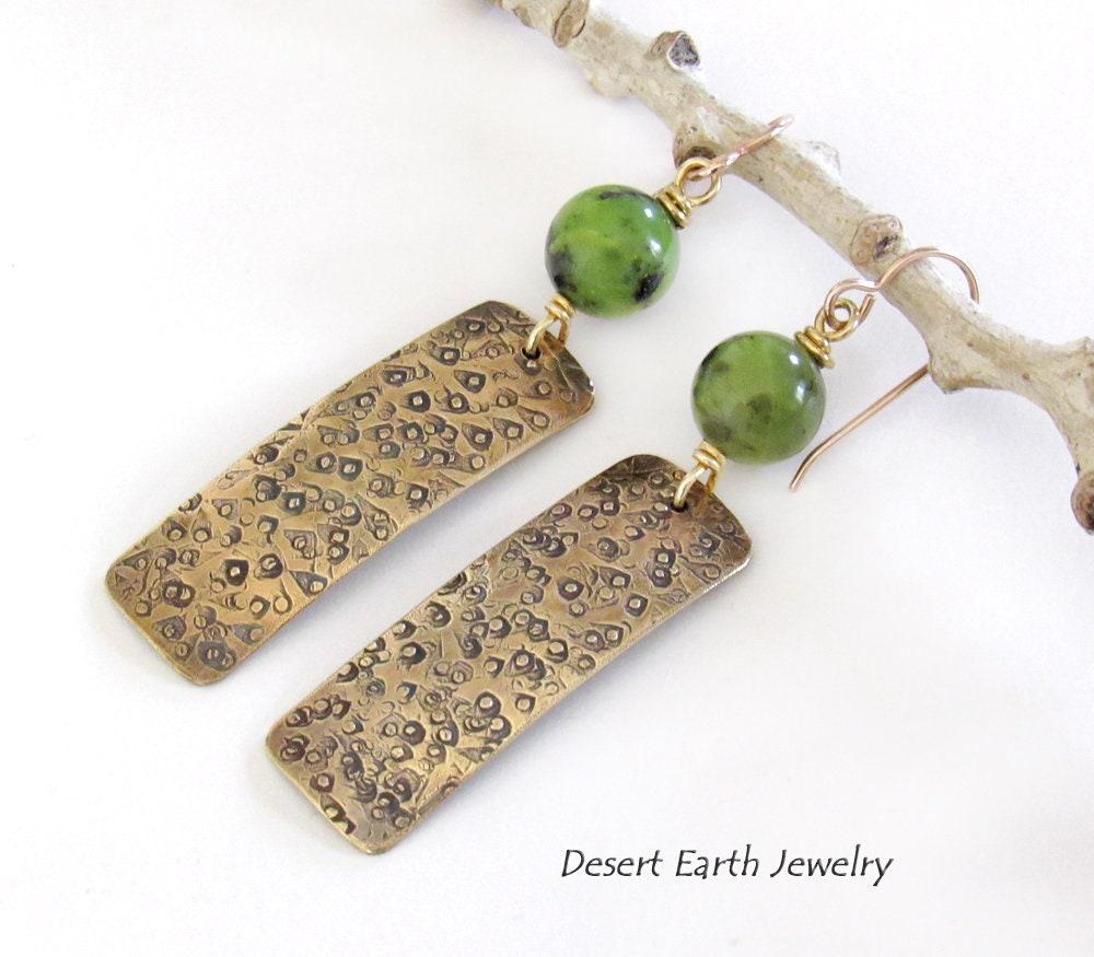 Hand Stamped Gold Brass Rectangle Earrings with Green Jade Gemstones - Artisan Handmade Metalwork Jewelry
