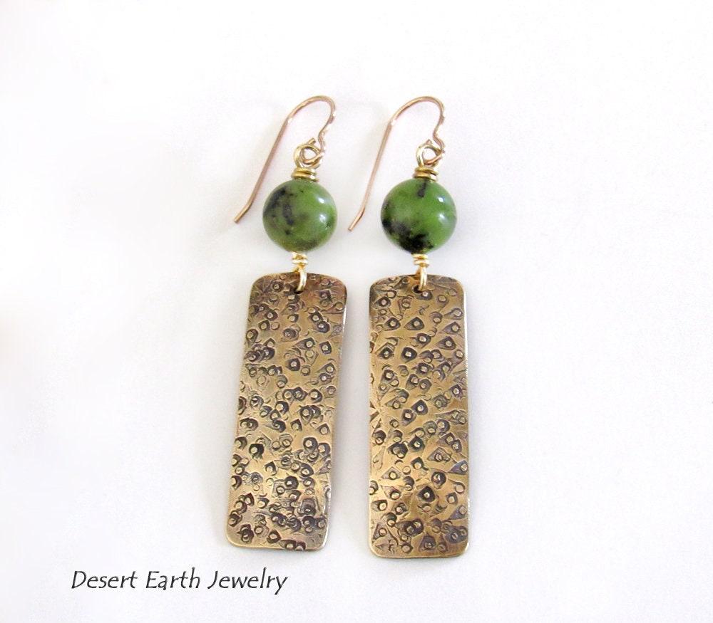 Hand Stamped Gold Brass Rectangle Earrings with Green Jade Gemstones - Artisan Handmade Metalwork Jewelry