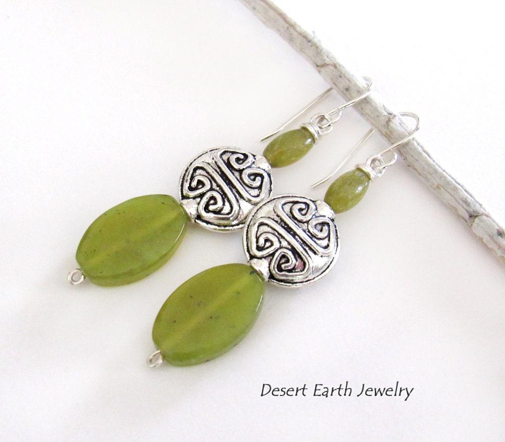 Green Serpentine Earrings with Pewter Beads on Sterling Silver Ear Wires - Artisan Handmade Stone Jewelry