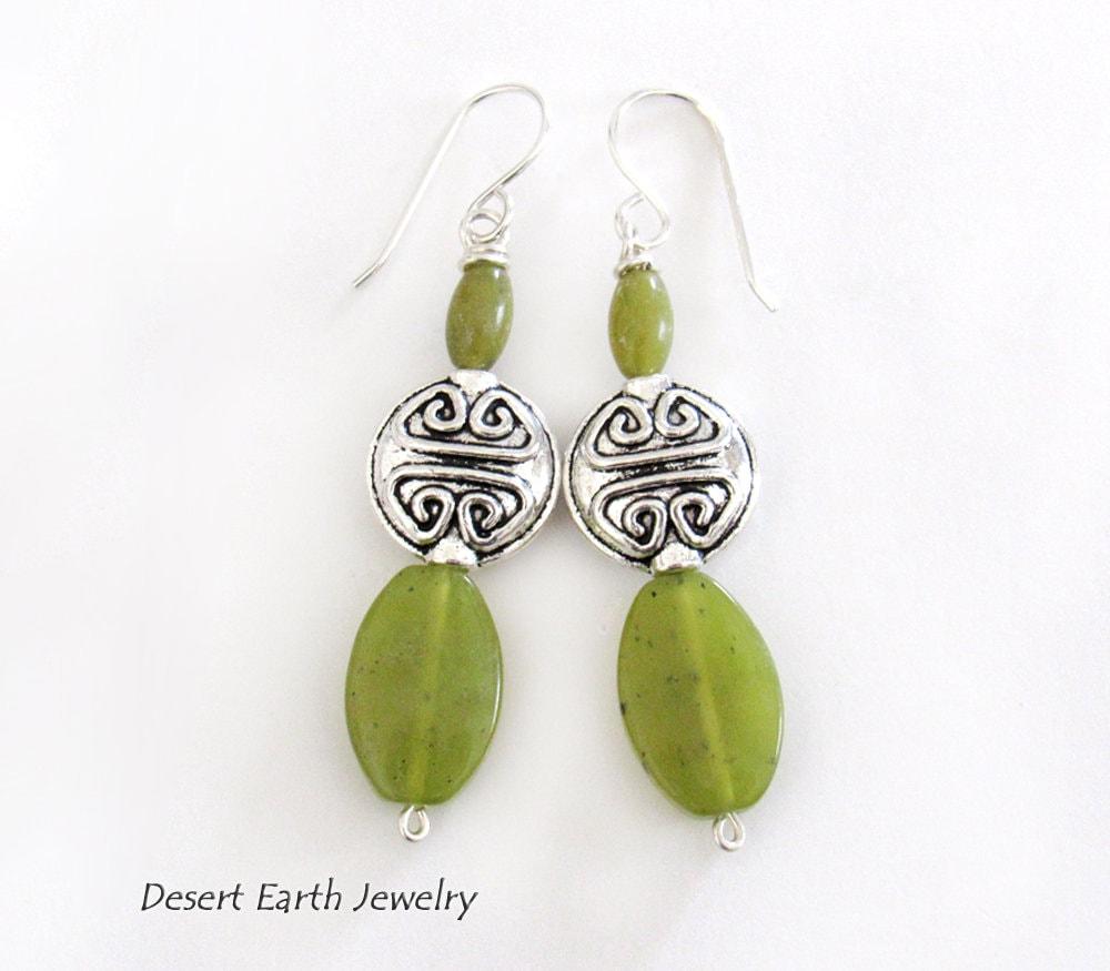 Green Serpentine Earrings with Pewter Beads on Sterling Silver Ear Wires - Artisan Handmade Stone Jewelry