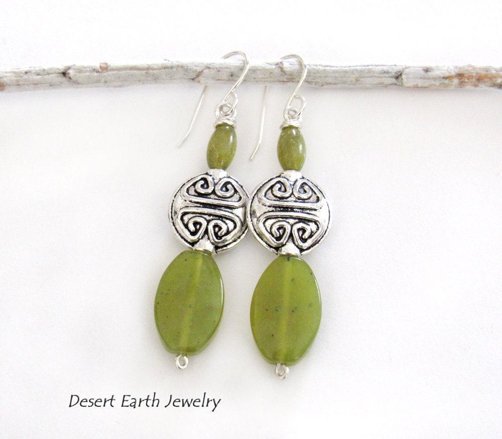 Green Serpentine Earrings with Pewter Beads on Sterling Silver Ear Wires - Artisan Handmade Stone Jewelry