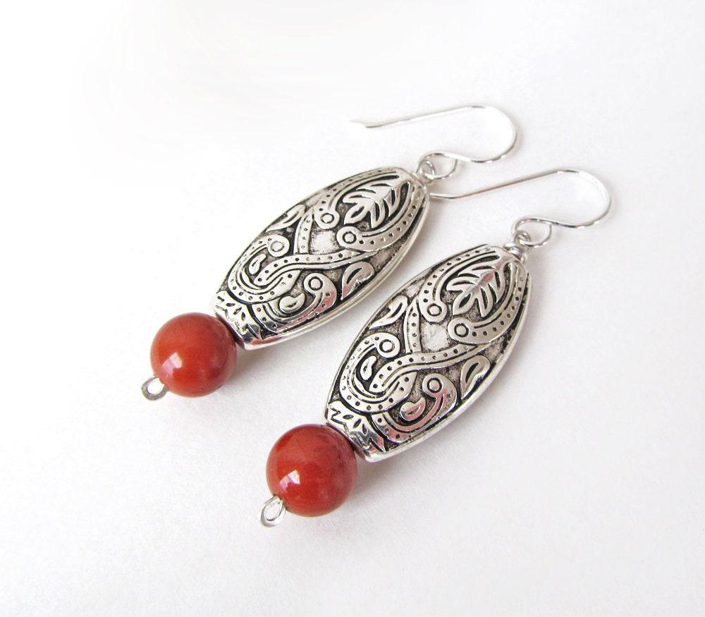 Moroccan Boho Silver Earrings with Red Jasper Gemstones - Ethnic Style Bohemian Jewelry