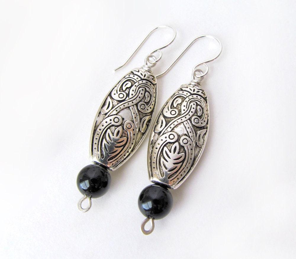 Bohemian Moroccan Silver Dangle Earrings with Black Onyx Gemstones