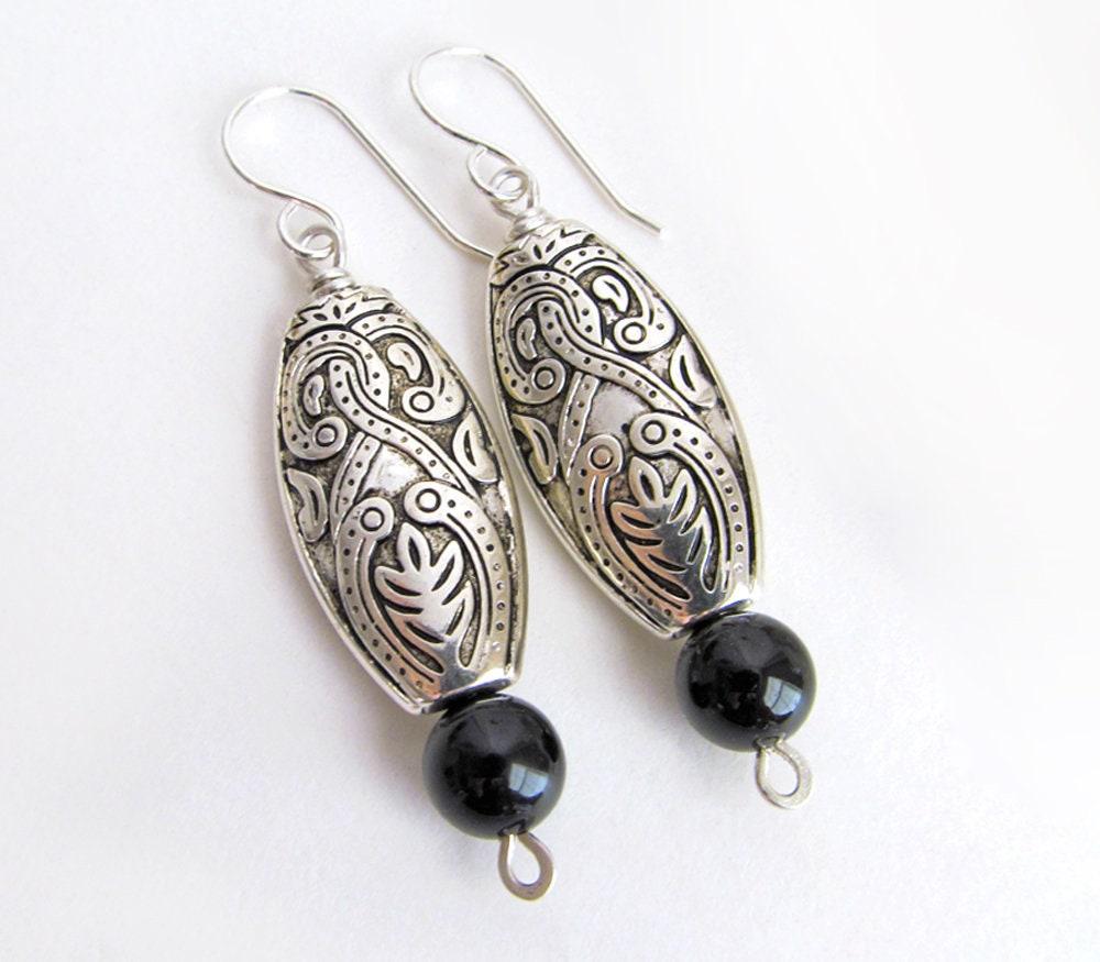 Bohemian Moroccan Silver Dangle Earrings with Black Onyx Gemstones