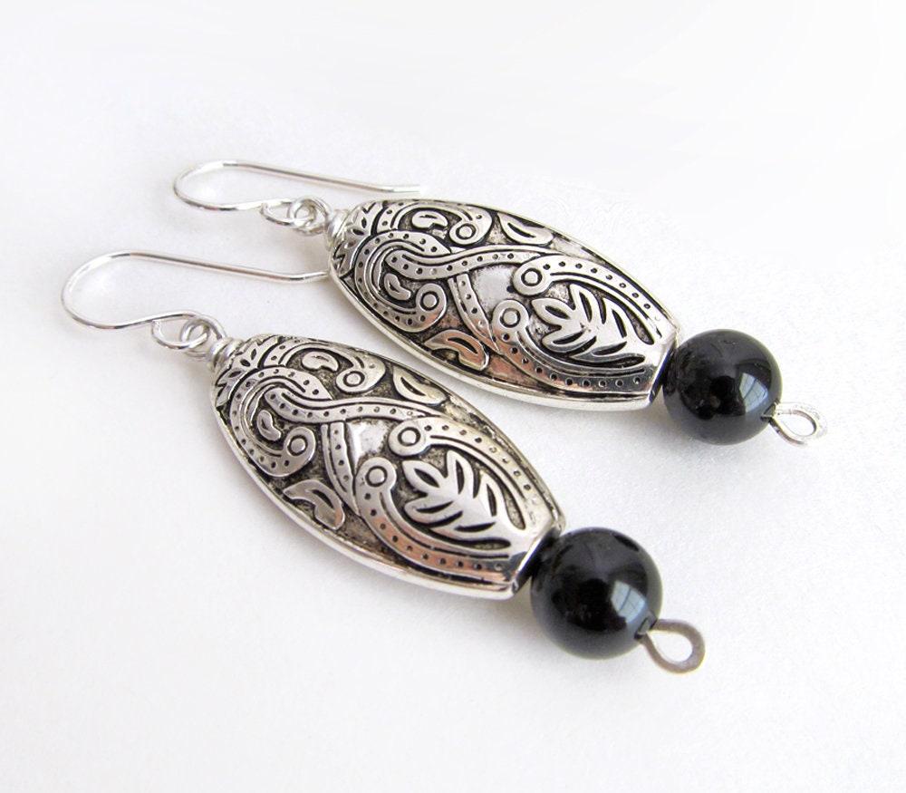 Bohemian Moroccan Silver Dangle Earrings with Black Onyx Gemstones