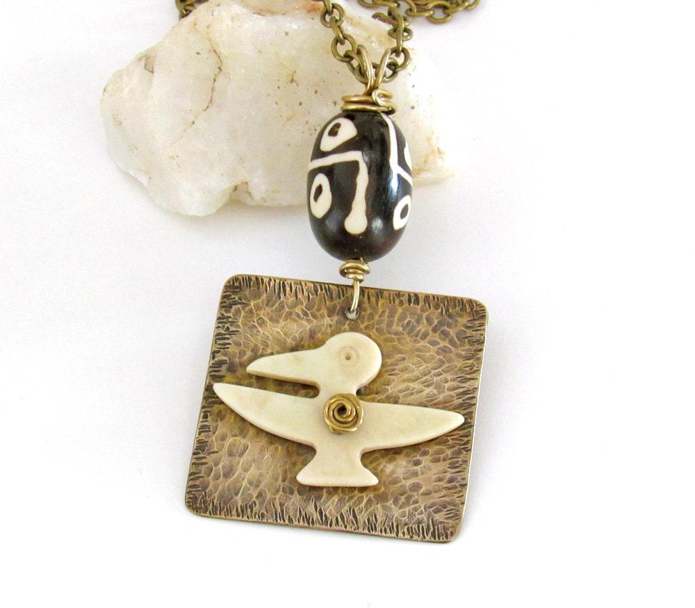 Hammered Gold Brass Ethnic Tribal Necklace with African Carved Bone Bird