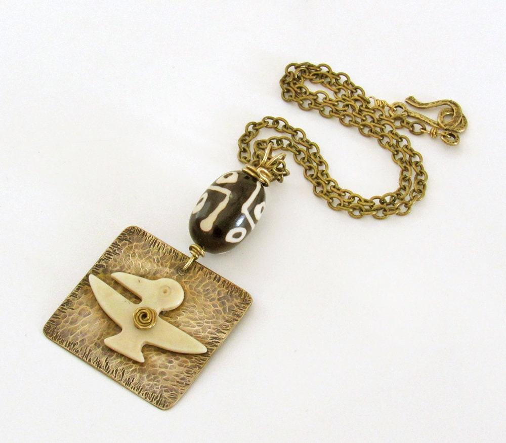 Hammered Gold Brass Ethnic Tribal Necklace with African Carved Bone Bird