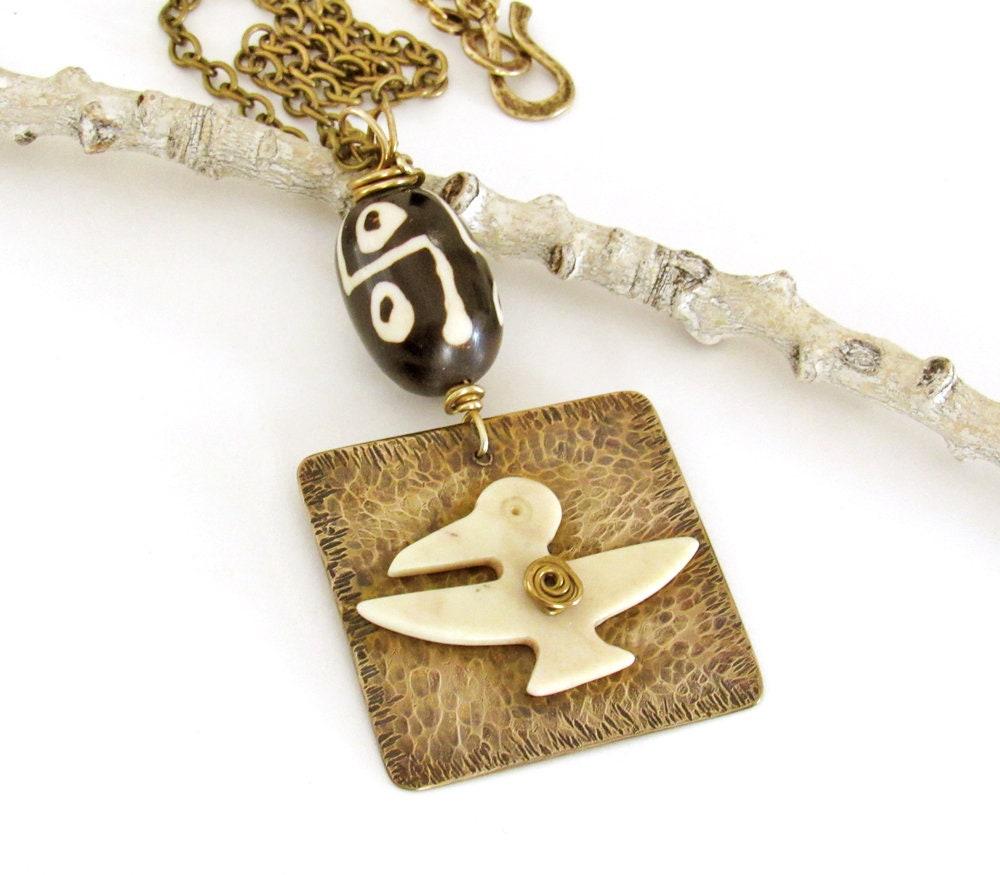 Hammered Gold Brass Ethnic Tribal Necklace with African Carved Bone Bird