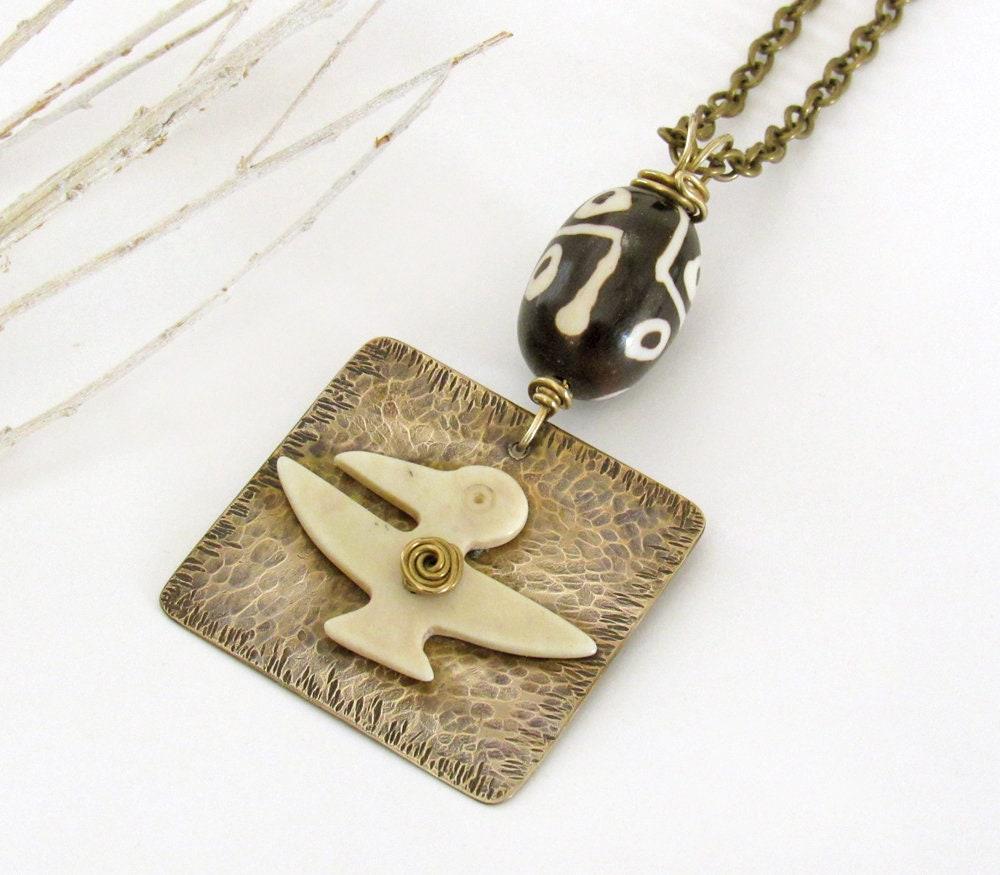 Hammered Gold Brass Ethnic Tribal Necklace with African Carved Bone Bird