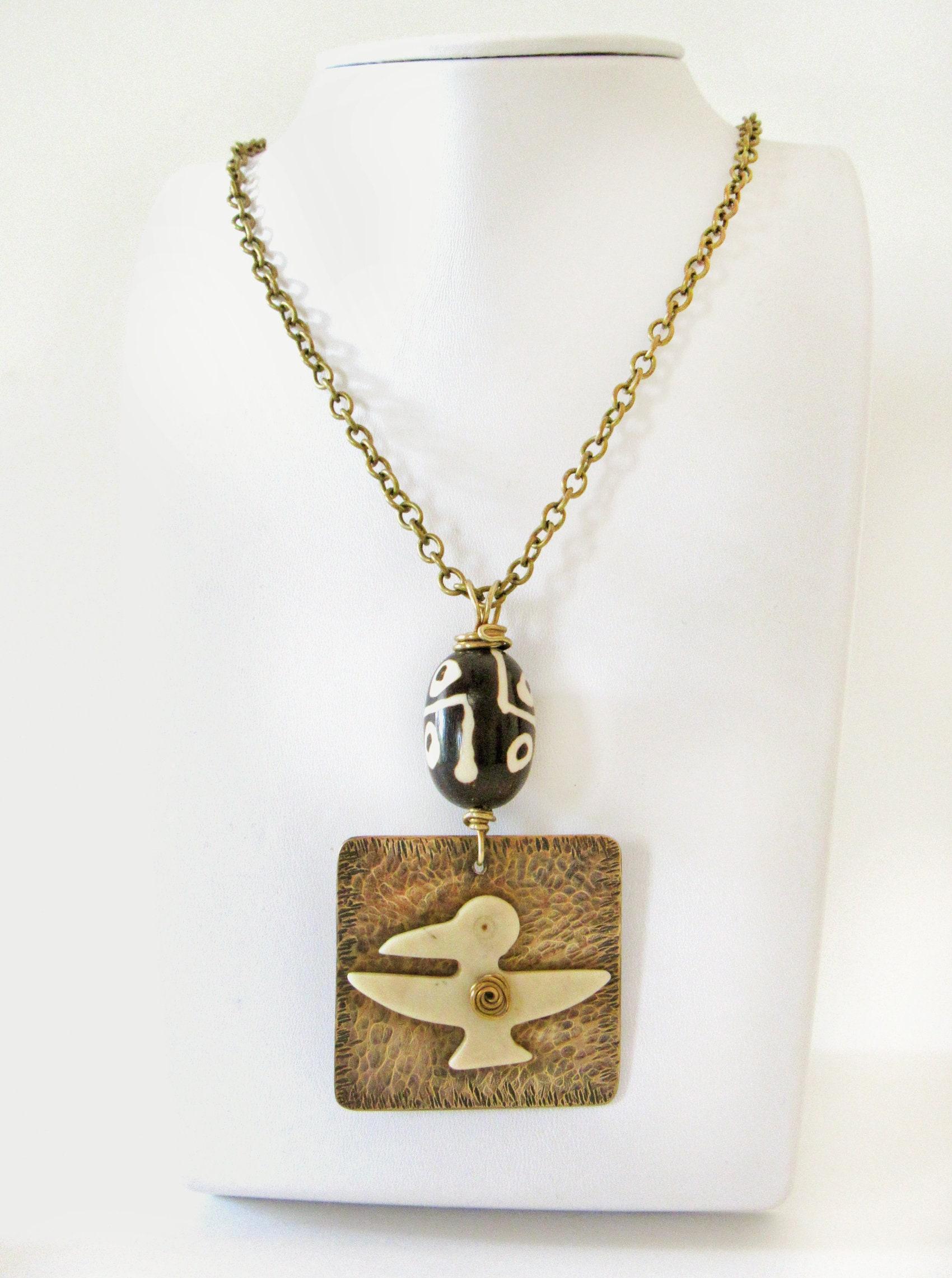 Hammered Gold Brass Ethnic Tribal Necklace with African Carved Bone Bird