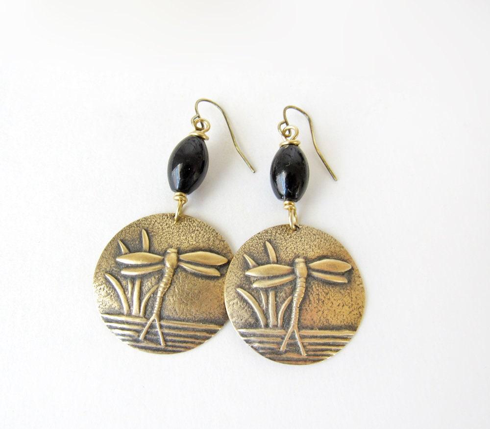 Gold Brass Dragonfly Earrings with Black Beads - Earthy Nature Jewelry Gifts