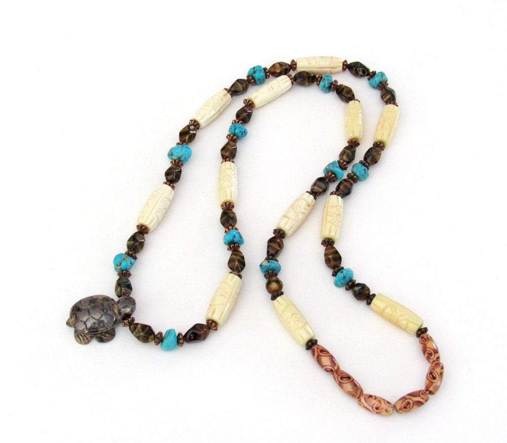 Tiger's Eye Turtle Necklace with Turquoise & Carved Bone - Multi Stone Beaded Statement Necklace