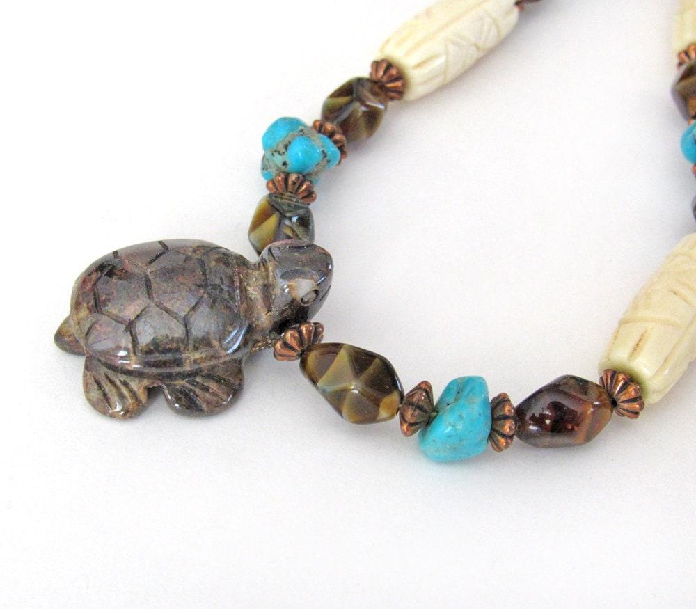 Tiger's Eye Turtle Necklace with Turquoise & Carved Bone - Multi Stone Beaded Statement Necklace