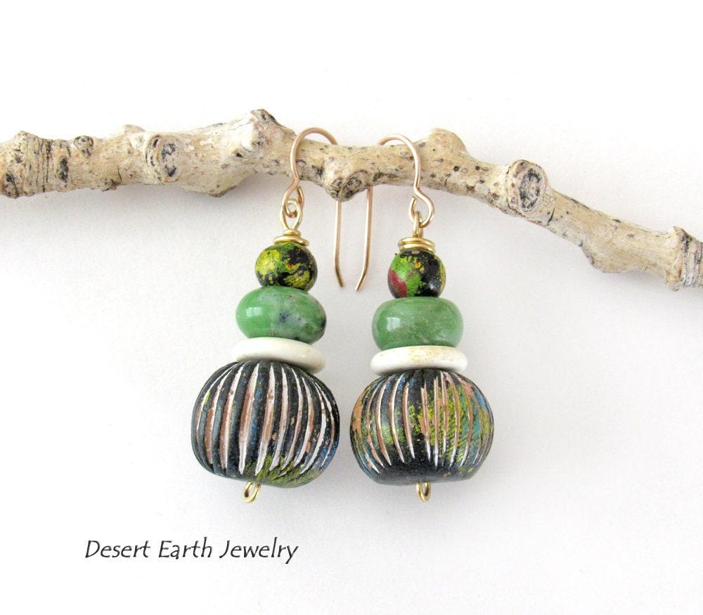 Carved African Clay Earrings with Green Serpentine Gemstones - Earthy Boho Style Handmade Jewelry