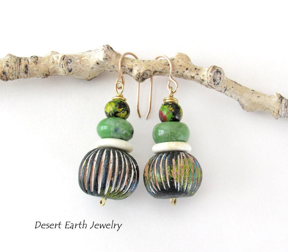 Carved African Clay Earrings with Green Serpentine Gemstones - Earthy Boho Style Handmade Jewelry