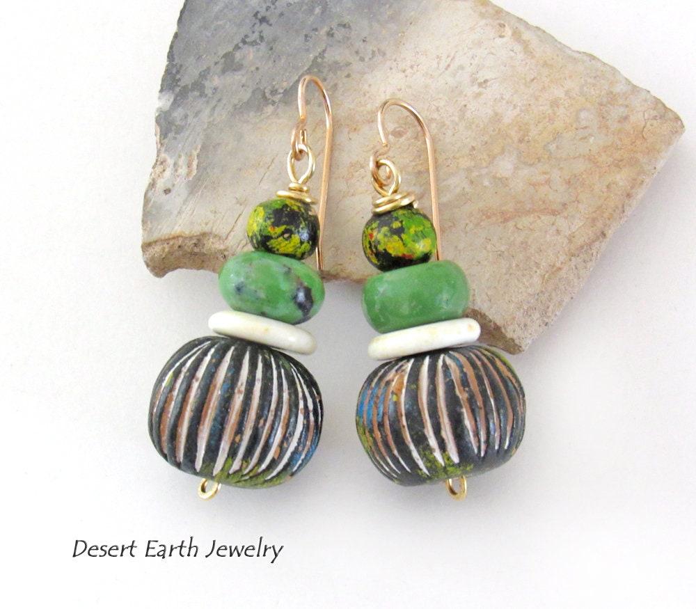 Carved African Clay Earrings with Green Serpentine Gemstones - Earthy Boho Style Handmade Jewelry