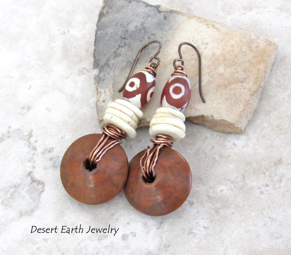 Etched Tibetan Agate Stone Earrings with Copper Wire Wrapped Brown Wood Dangles