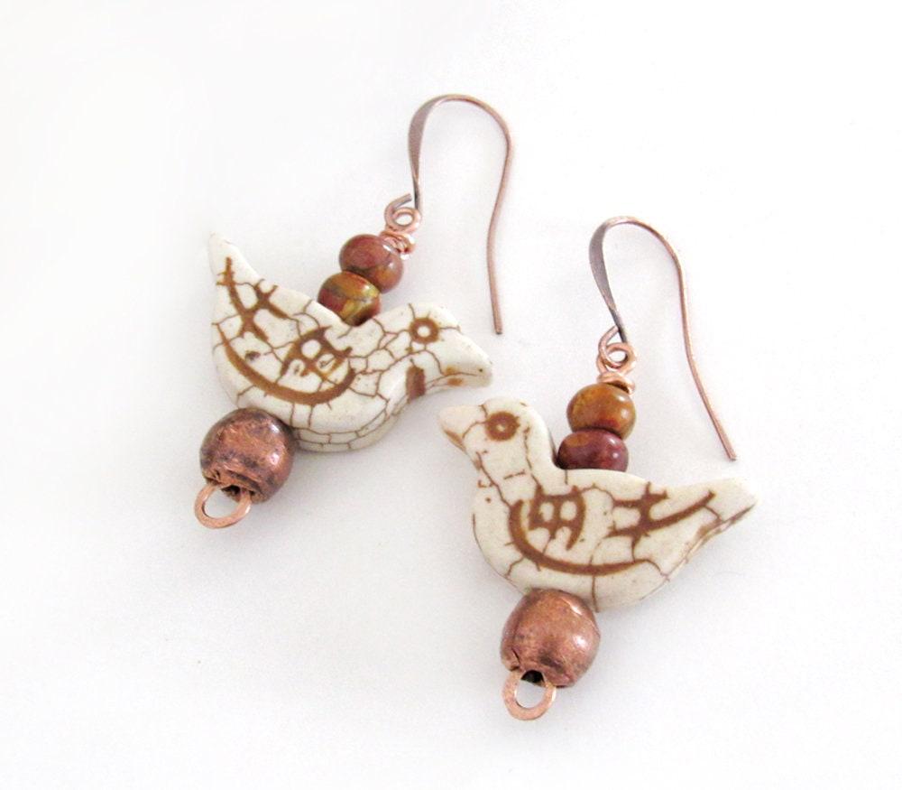 Bird Earrings with Jasper Stones & Copper Beads - Cute Whimsical Jewelry Gifts for Birdwatchers & Bird Lovers