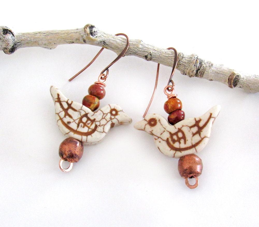 Bird Earrings with Jasper Stones & Copper Beads - Cute Whimsical Jewelry Gifts for Birdwatchers & Bird Lovers