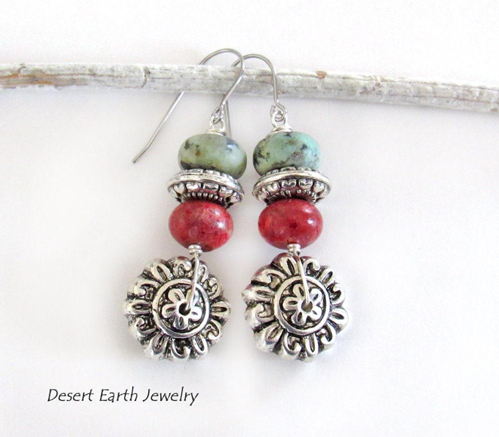 Silver Flower Earrings with African Turquoise & Red Coral - Boho Style Nature Jewelry