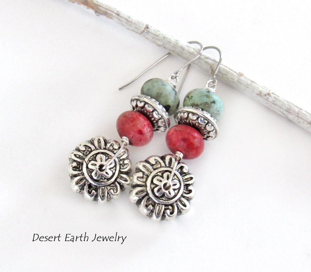 Silver Flower Earrings with African Turquoise & Red Coral - Boho Style Nature Jewelry