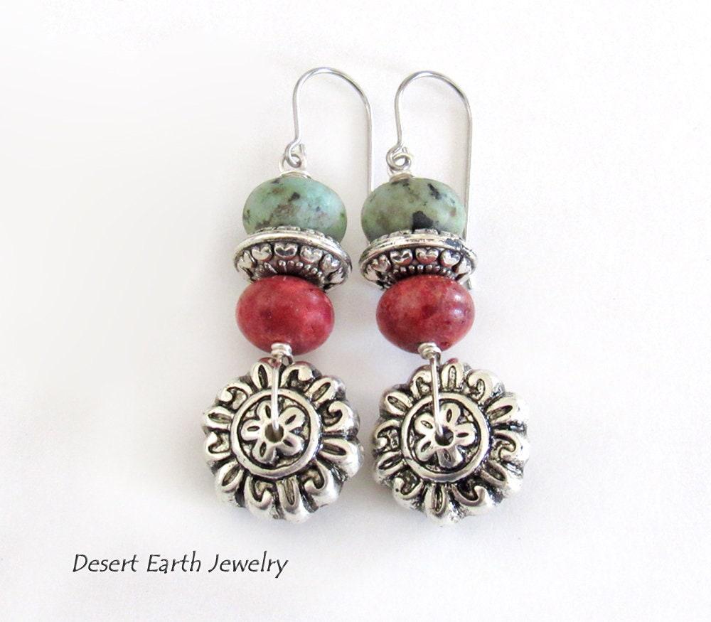 Silver Flower Earrings with African Turquoise & Red Coral - Boho Style Nature Jewelry