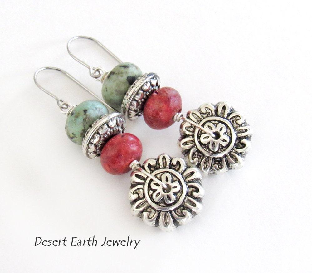 Silver Flower Earrings with African Turquoise & Red Coral - Boho Style Nature Jewelry