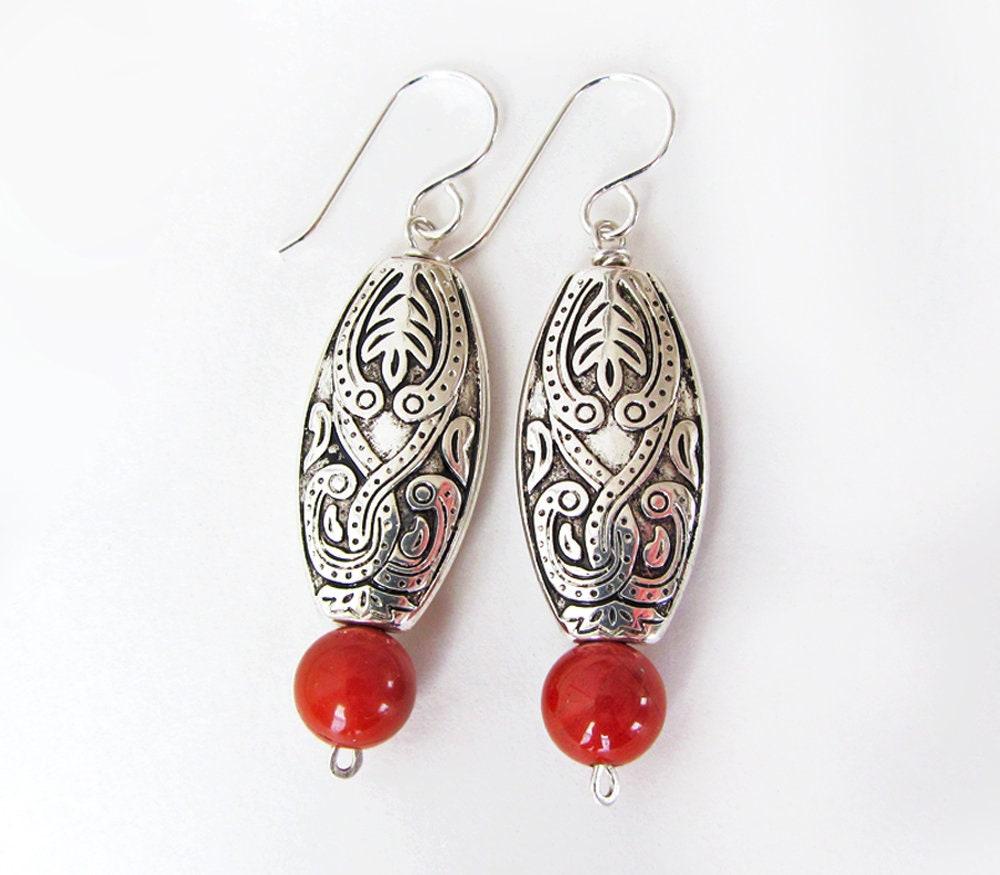Moroccan Boho Silver Earrings with Red Jasper Gemstones - Ethnic Style Bohemian Jewelry