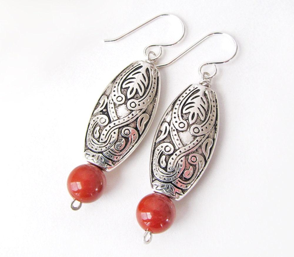 Moroccan Boho Silver Earrings with Red Jasper Gemstones - Ethnic Style Bohemian Jewelry