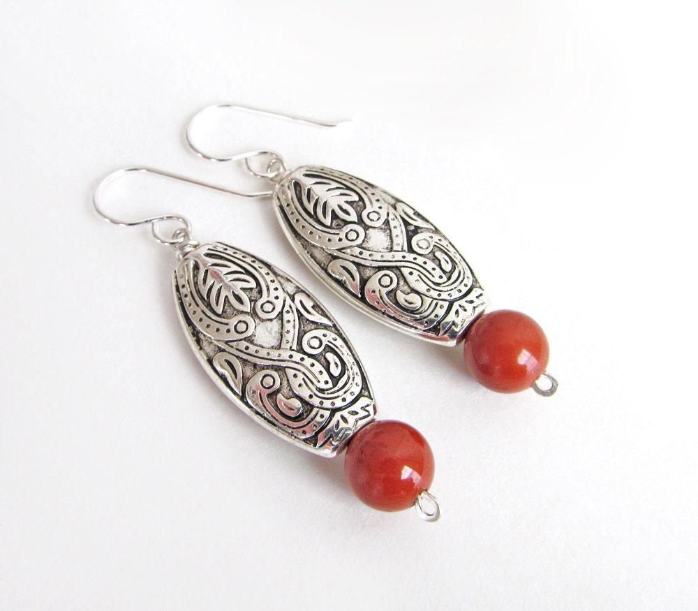 Moroccan Boho Silver Earrings with Red Jasper Gemstones - Ethnic Style Bohemian Jewelry