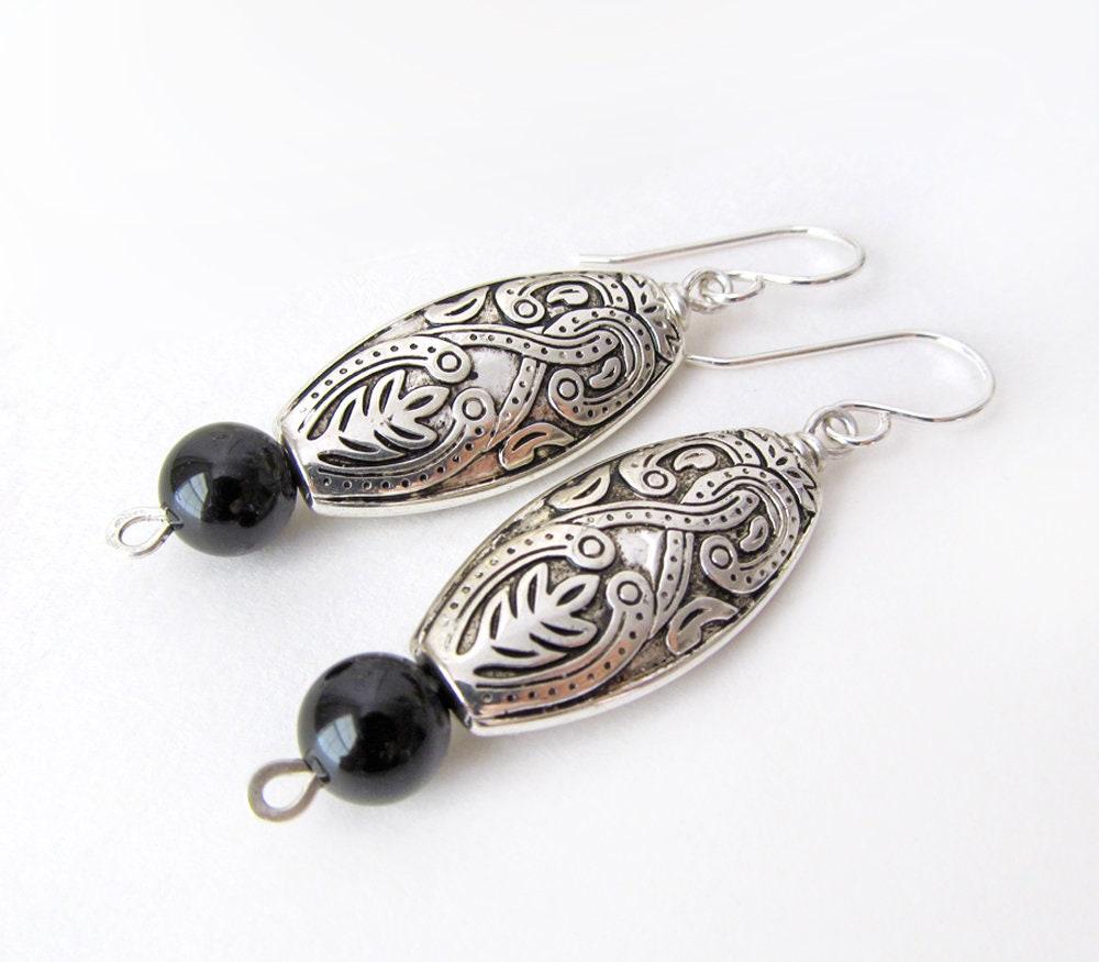 Bohemian Moroccan Silver Dangle Earrings with Black Onyx Gemstones