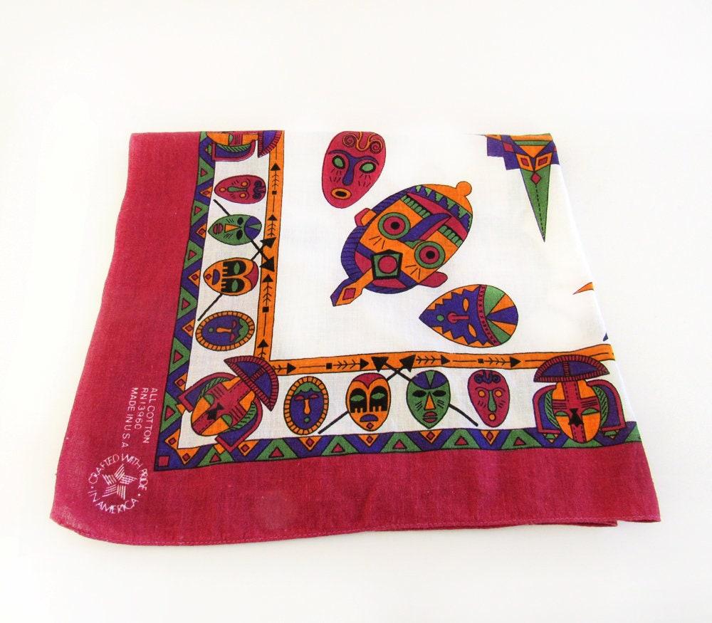 Bright Colorful African Mask Scarf Bandana - Made in the USA -100% Cotton - Unique Vintage Afrocentric Fashion