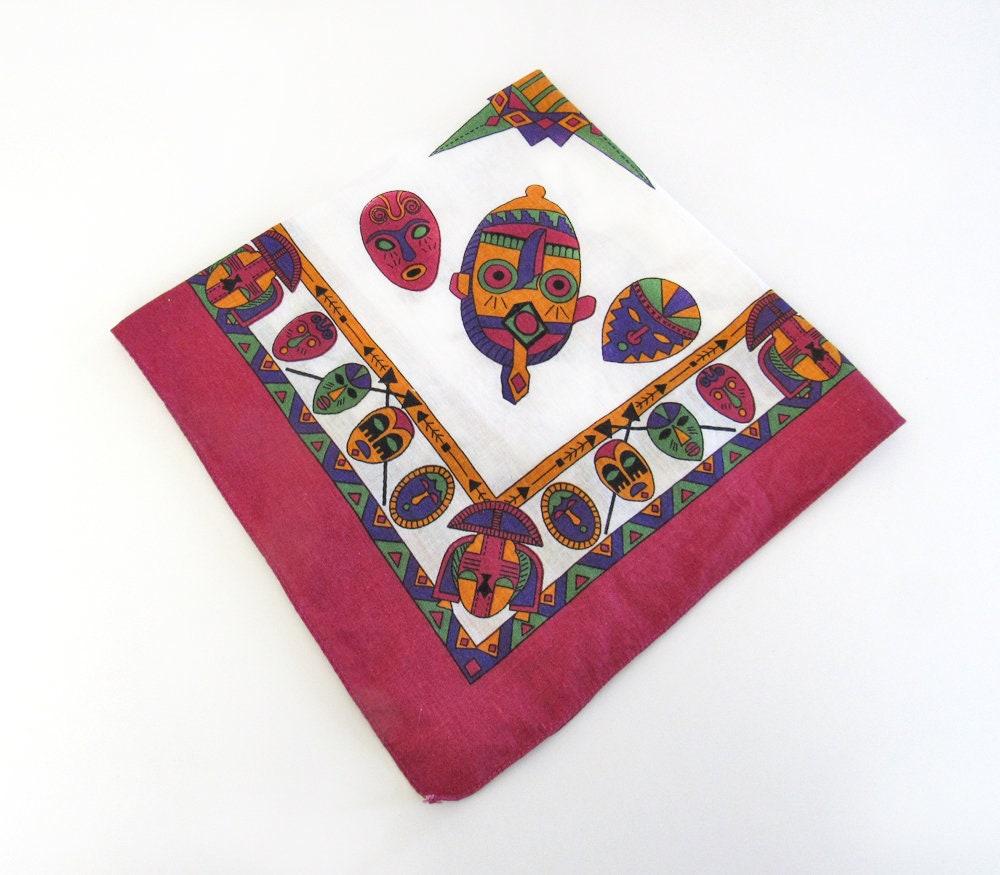 Bright Colorful African Mask Scarf Bandana - Made in the USA -100% Cotton - Unique Vintage Afrocentric Fashion