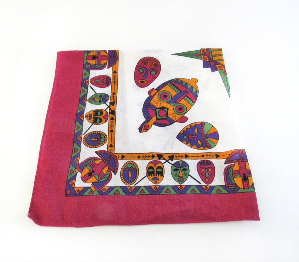 Bright Colorful African Mask Scarf Bandana - Made in the USA -100% Cotton - Unique Vintage Afrocentric Fashion