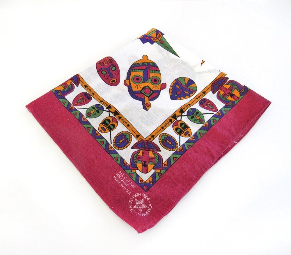 Bright Colorful African Mask Scarf Bandana - Made in the USA -100% Cotton - Unique Vintage Afrocentric Fashion