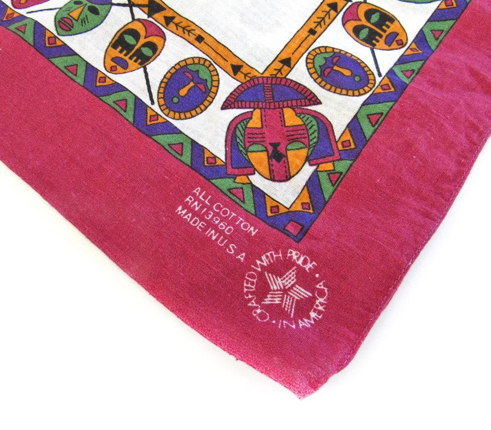 Bright Colorful African Mask Scarf Bandana - Made in the USA -100% Cotton - Unique Vintage Afrocentric Fashion