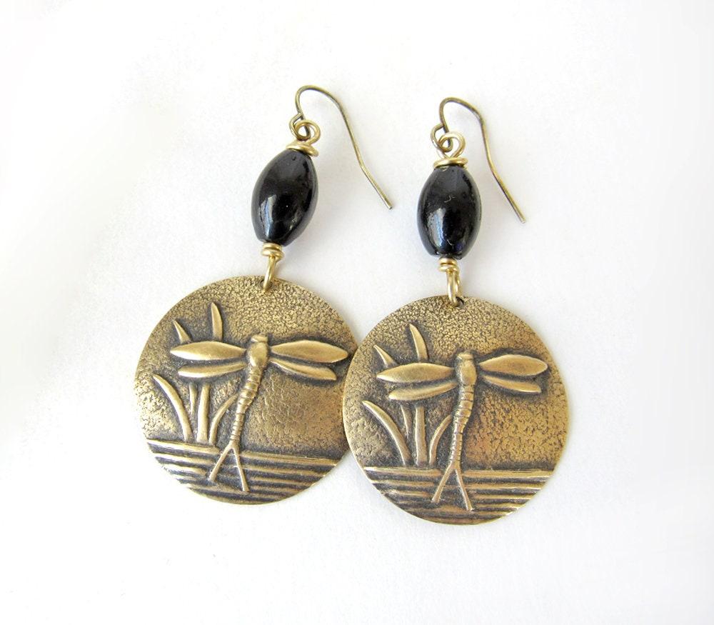 Gold Brass Dragonfly Earrings with Black Beads - Earthy Nature Jewelry Gifts