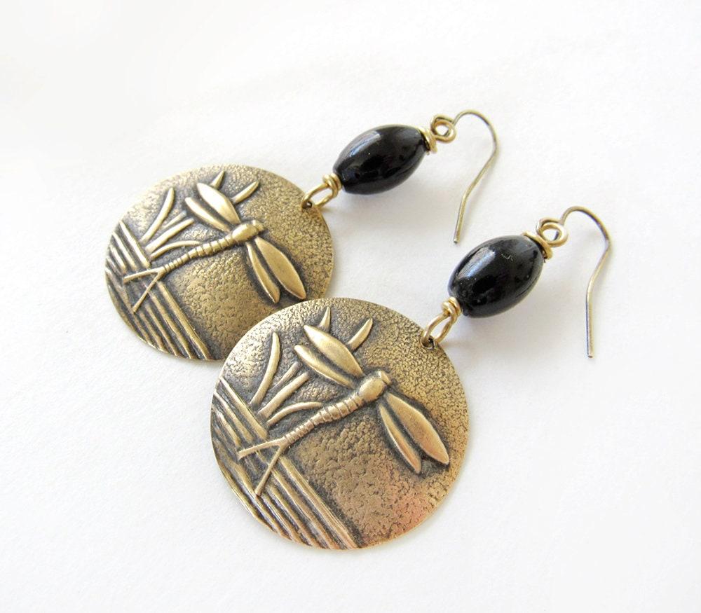 Gold Brass Dragonfly Earrings with Black Beads - Earthy Nature Jewelry Gifts