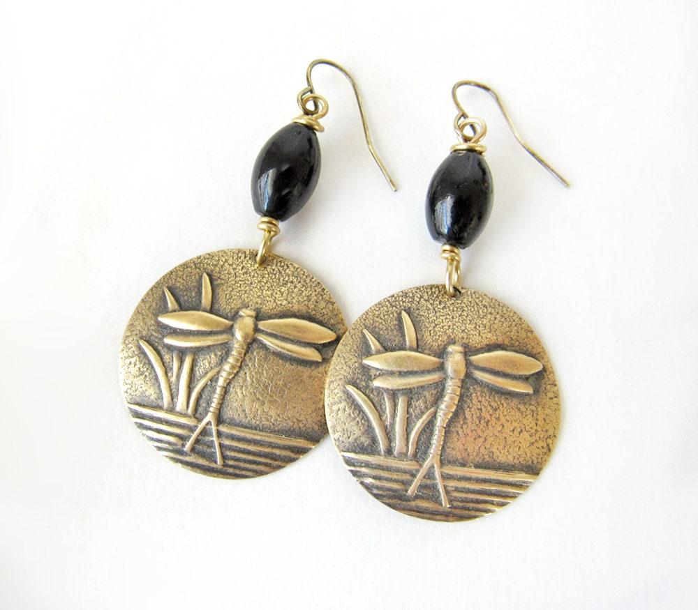 Gold Brass Dragonfly Earrings with Black Beads - Earthy Nature Jewelry Gifts