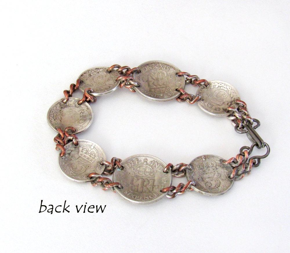 Vintage British Silver Coin Bracelet With Three-Pence and Sixpence Coins Dated 1896 to 1939 - Jewelry Gifts for Coin Collecto