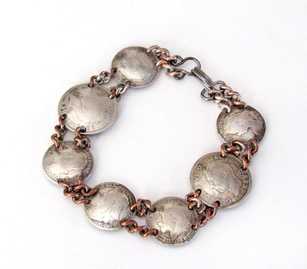 Vintage British Silver Coin Bracelet With Three-Pence and Sixpence Coins Dated 1896 to 1939 - Jewelry Gifts for Coin Collecto