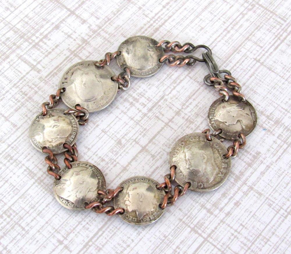 Vintage British Silver Coin Bracelet With Three-Pence and Sixpence Coins Dated 1896 to 1939 - Jewelry Gifts for Coin Collecto