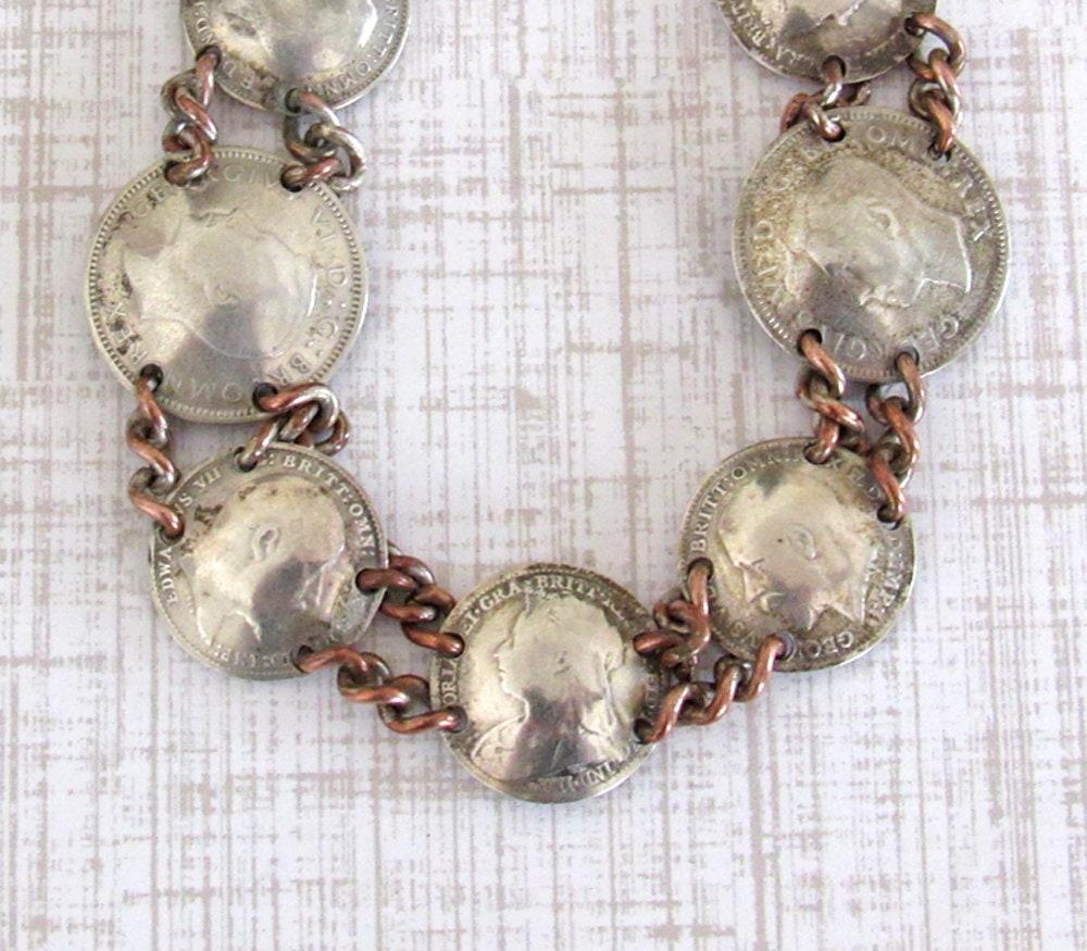 Vintage British Silver Coin Bracelet With Three-Pence and Sixpence Coins Dated 1896 to 1939 - Jewelry Gifts for Coin Collecto