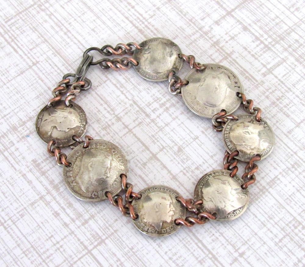 Vintage British Silver Coin Bracelet With Three-Pence and Sixpence Coins Dated 1896 to 1939 - Jewelry Gifts for Coin Collecto