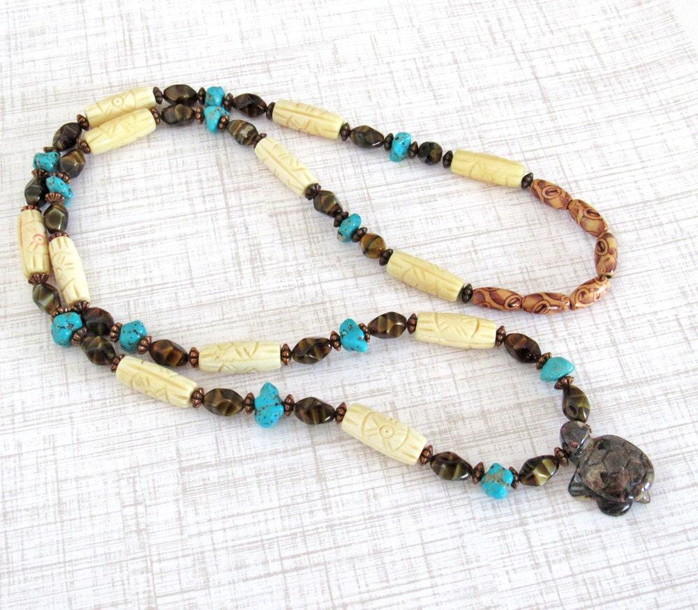 Tiger's Eye Turtle Necklace with Turquoise & Carved Bone - Multi Stone Beaded Statement Necklace